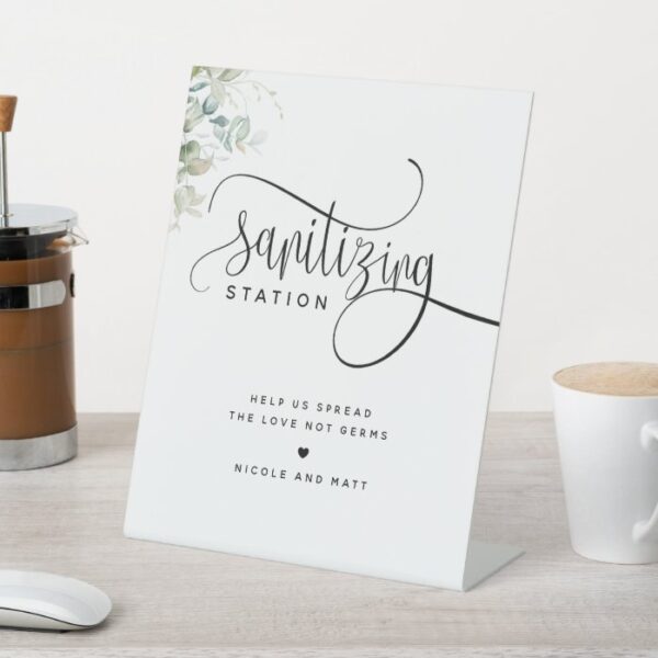 Sanitizing Station Elegant Script Greenery Wedding Pedestal Sign
