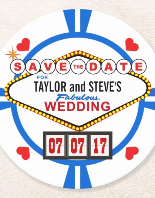 Save the Date Las Vegas Wedding Poker Chip Round Paper Coaster