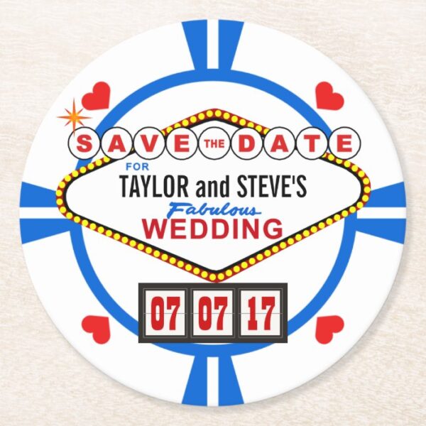 Save the Date Las Vegas Wedding Poker Chip Round Paper Coaster