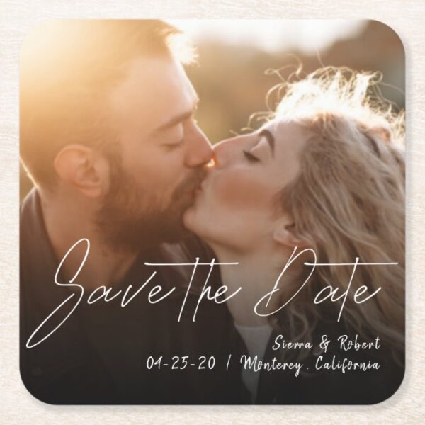 Save the Date Smooth Pen Stroke Announcement Square Paper Coaster