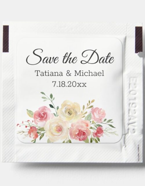 save the date, watercolor blush pink yellow floral hand sanitizer packet