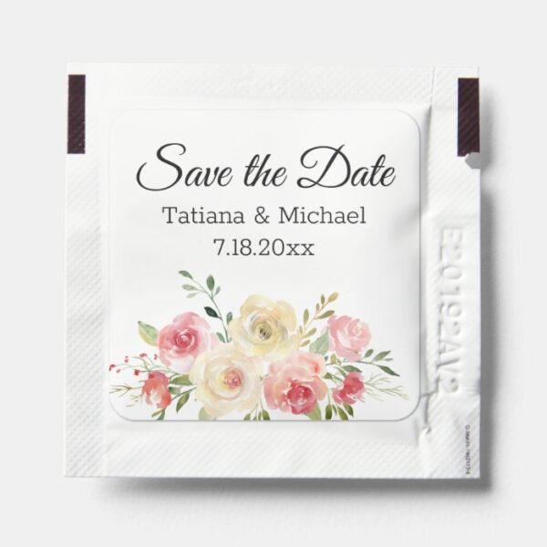 save the date, watercolor blush pink yellow floral hand sanitizer packet