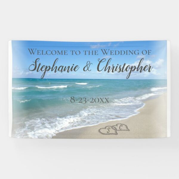 Scenic Hearts in the Sand Beach Wedding Banner