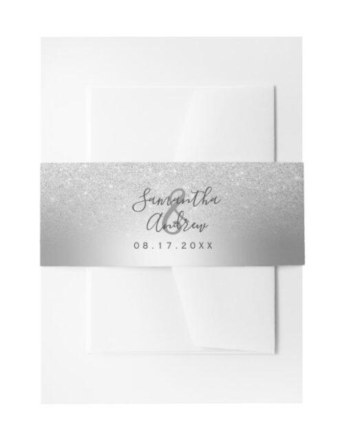 Silver glitter ombre metallic foil wedding invitation belly band