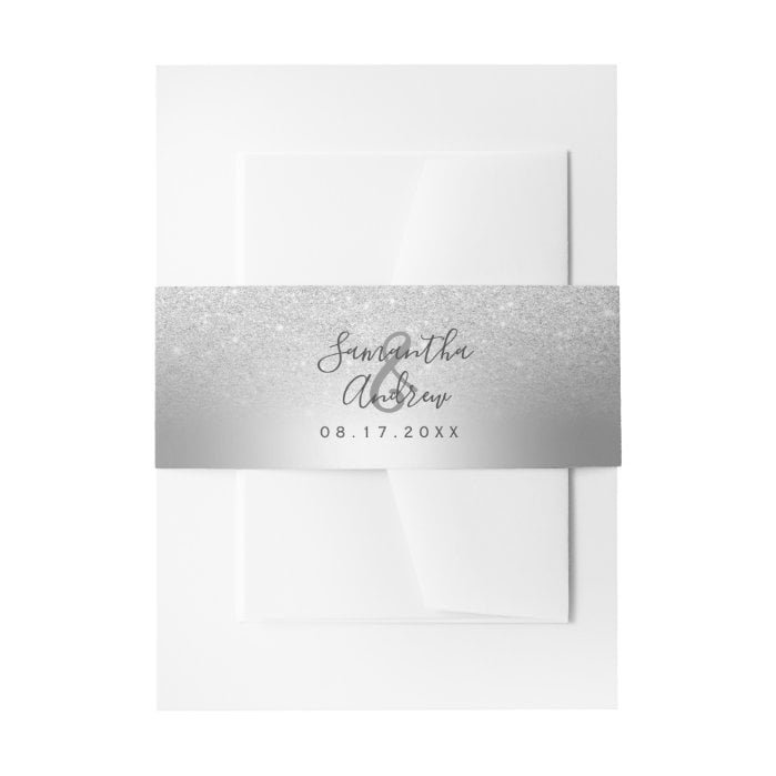 Silver glitter ombre metallic foil wedding invitation belly band
