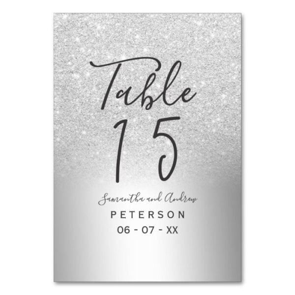 Silver glitter ombre metallic wedding table table number