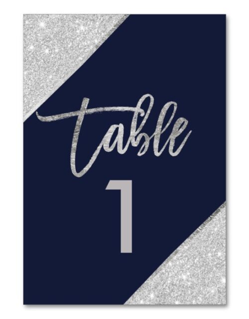 Silver glitter script navy blue table number
