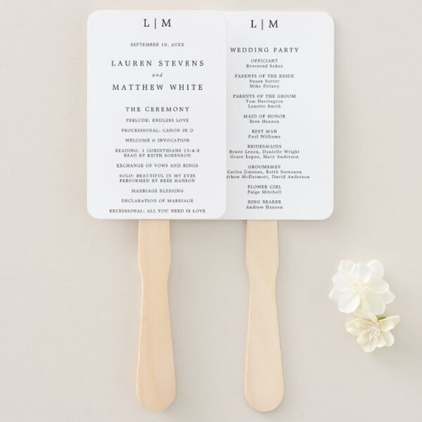 Simple Black and White Monogram Wedding Program Hand Fan