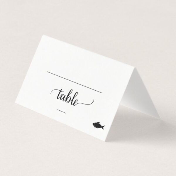 Simple Black Calligraphy Fish Meal Option Wedding Place Card