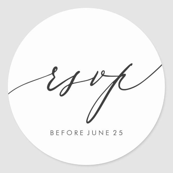 Simple Elegant Calligraphy Black White RSVP Classic Round Sticker