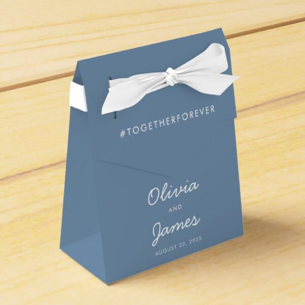 Simple Elegant Dusty Blue Script Hashtag Wedding Favor Box