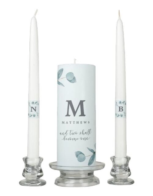 Simple Eucalyptus Branches Quote Wedding Monogram Unity Candle Set