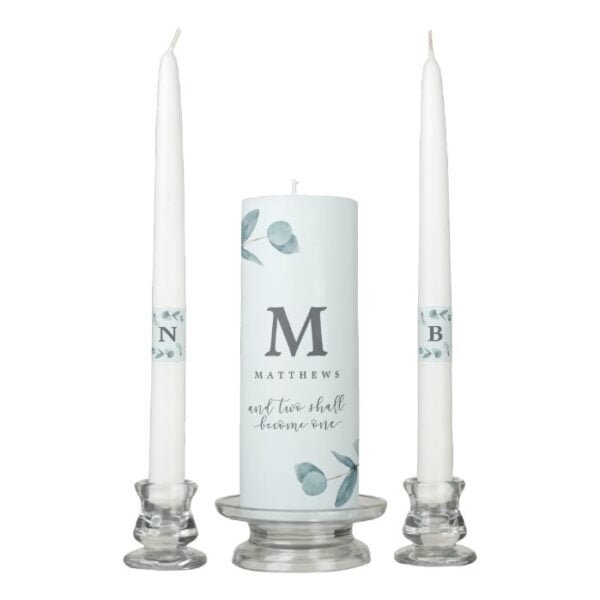 Simple Eucalyptus Branches Quote Wedding Monogram Unity Candle Set
