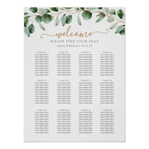 Simple Eucalyptus Greenery Wedding Seating Chart