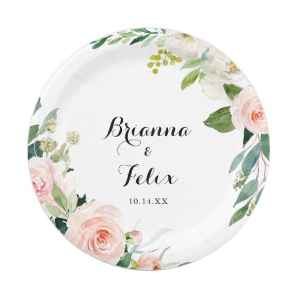 Simple Floral Green Calligraphy Wedding Cake Paper Plate