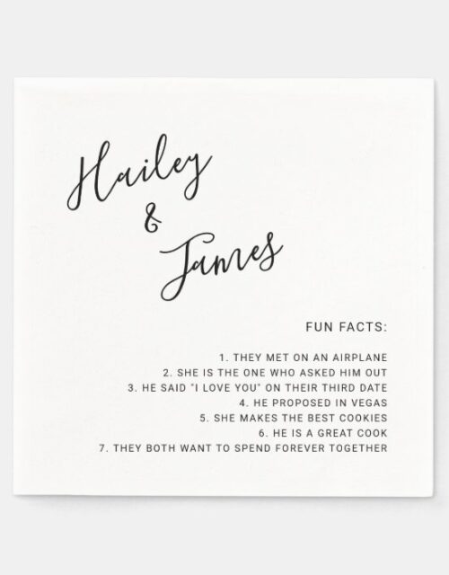 Simple Handwritten Names Fun Facts Wedding Napkins