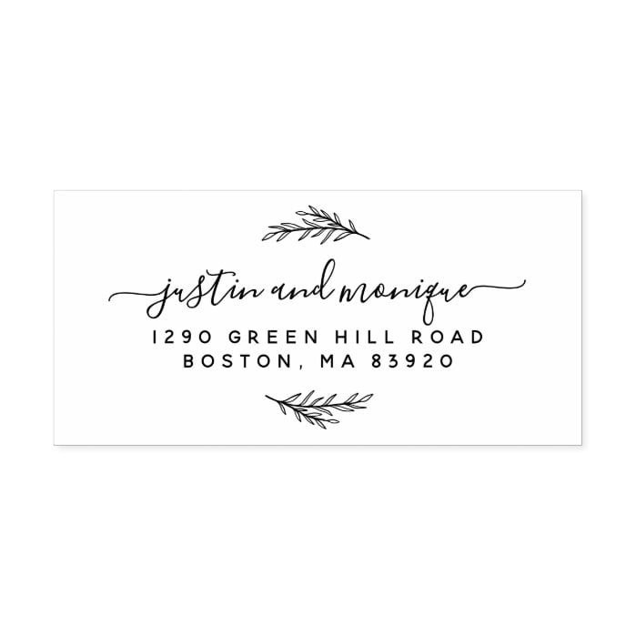 Simple Leaves Modern Script Wedding Return Address Rubber Stamp