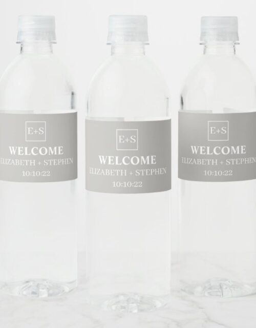 Simple Monogram  Grey and White  Wedding Water Bottle Label