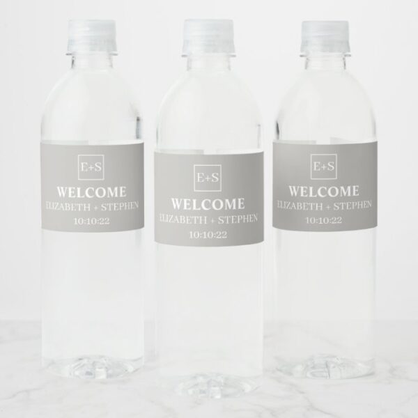 Simple Monogram  Grey and White  Wedding Water Bottle Label