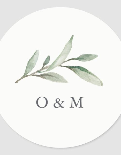 Simple Watercolor Greenery monogram Classic Round Sticker