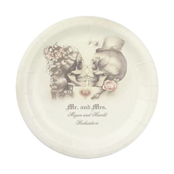 Skull Couple Gothic Wedding Paper Plate