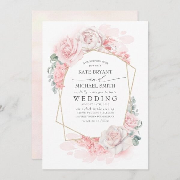 Soft Pastel Pink Flowers Elegant Romantic Wedding Invitation