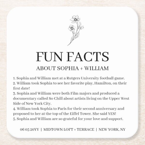 Sophia Modern Wedding Reception Fun Facts Square Paper Coaster