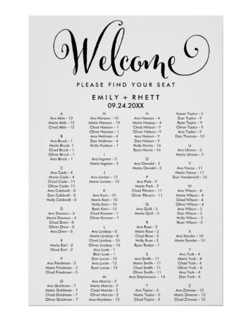 Southern Calligraphy Alphabetical Seating Chart