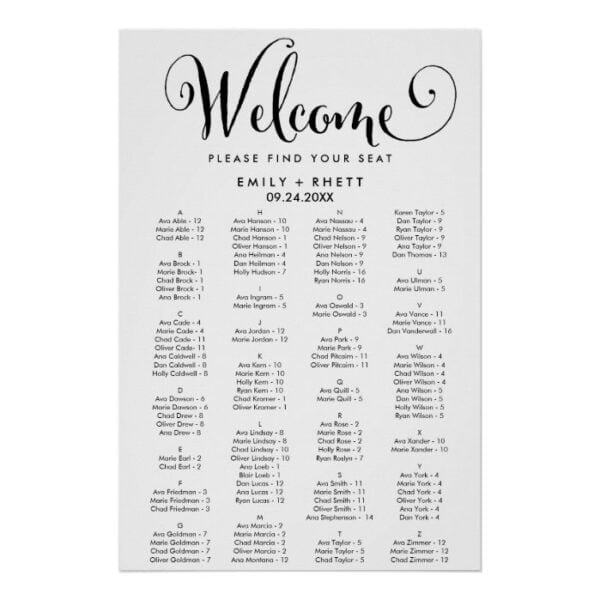 Southern Calligraphy Alphabetical Seating Chart