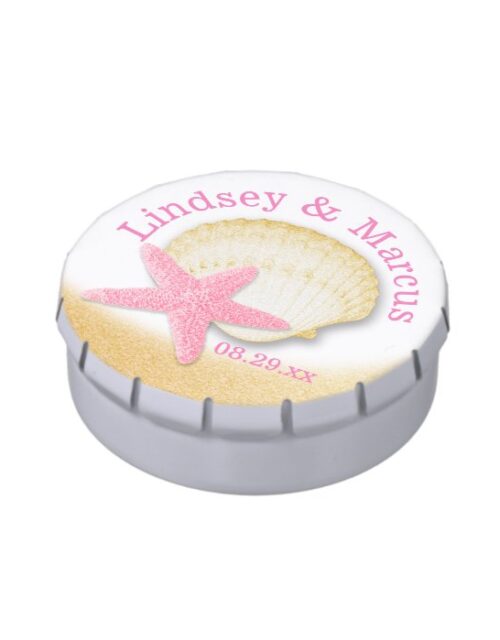 Sparkle Beach Pink Starfish and Gold Seashell Candy Tin
