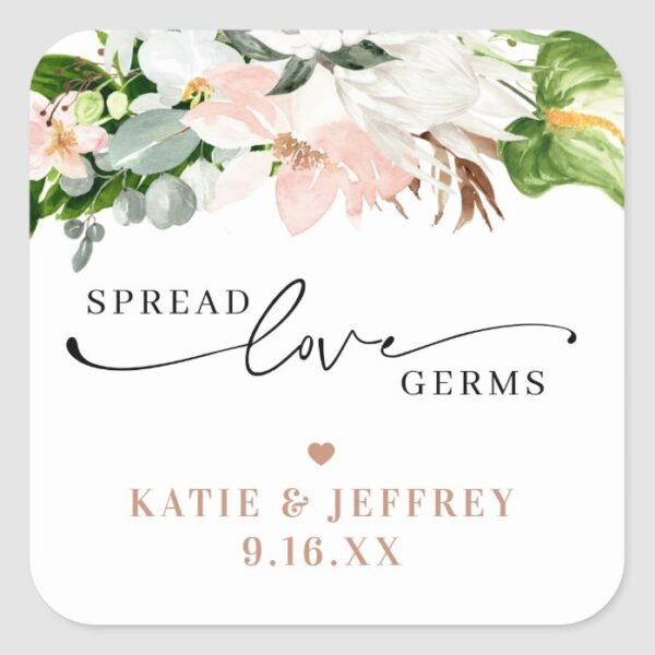 Spread Love | Blush Pink Floral Wedding Sanitizer Square Sticker