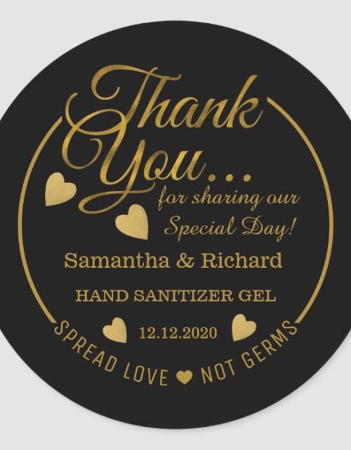 Spread Love Hand Sanitizer Black Gold Thank You Classic Round Sticker