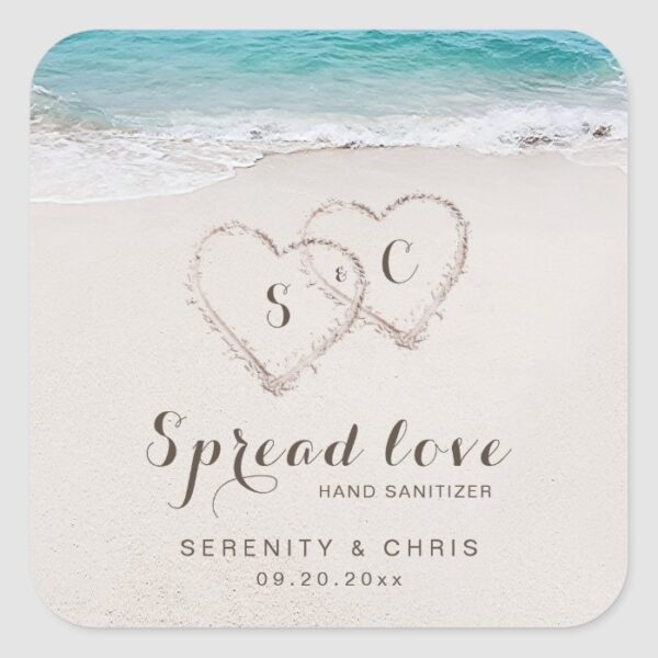 Spread Love Hearts in the sand beach wedding favor Square Sticker