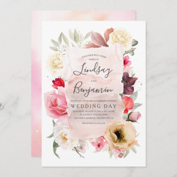 Spring Flowers - Peach Pink Burgundy White Wedding Invitation