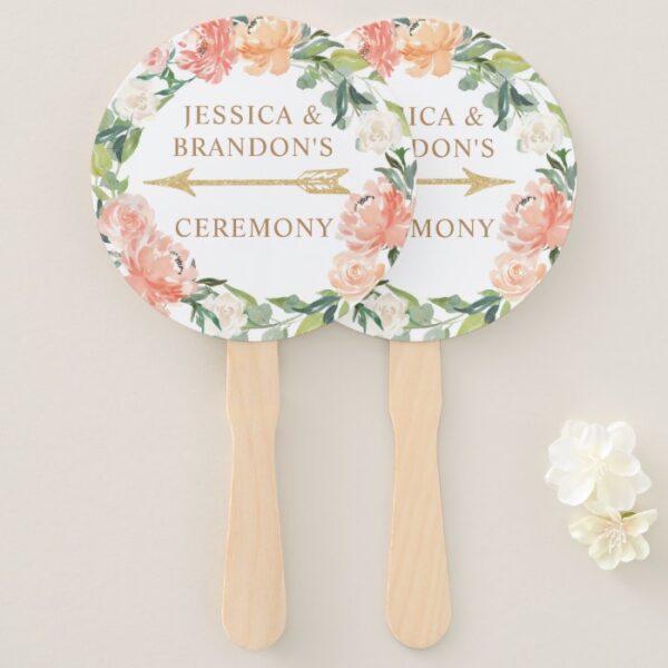 Spring Watercolor Floral Wedding Sign Gold Arrows Hand Fan
