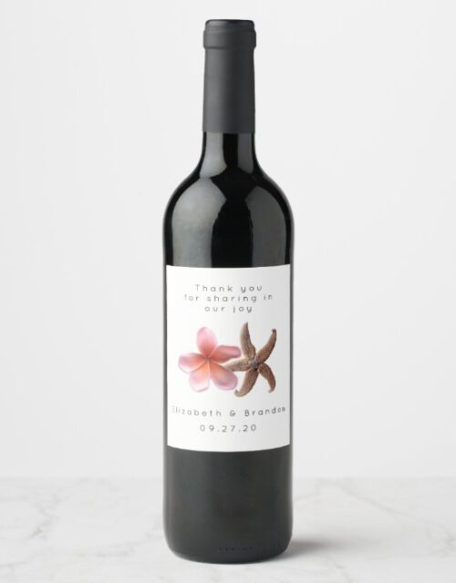 Starfish Pink Plumeria Custom Wedding Wine Label