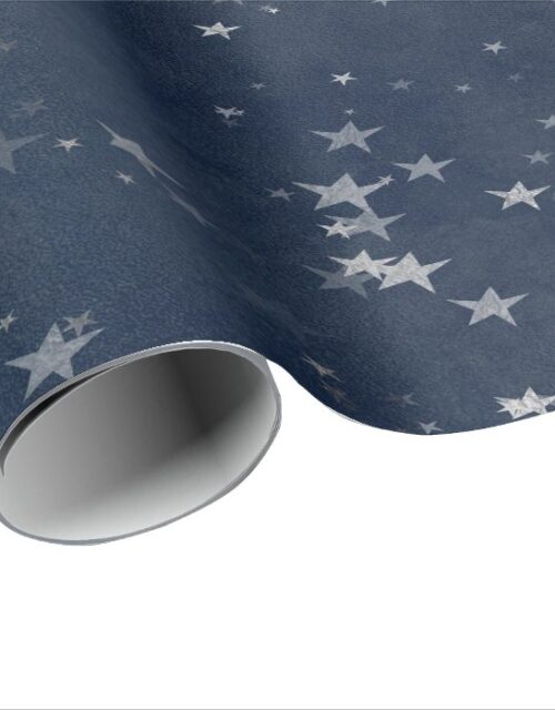 Starry Night Blue Navy Stars Gray Silver Confetti Wrapping Paper