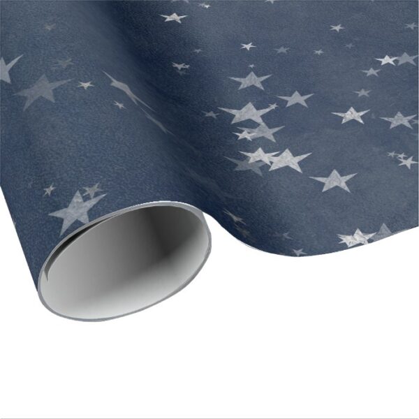 Starry Night Blue Navy Stars Gray Silver Confetti Wrapping Paper