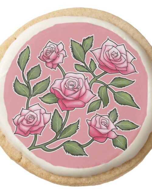 Strawberry Ice Rose Floral Round Shortbread Cookie