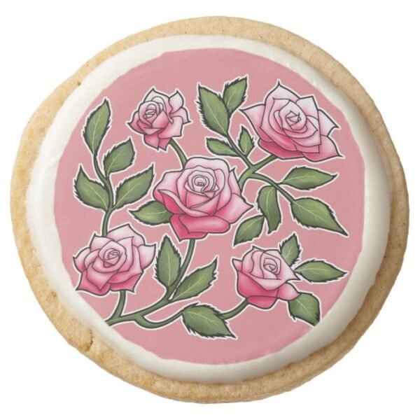 Strawberry Ice Rose Floral Round Shortbread Cookie