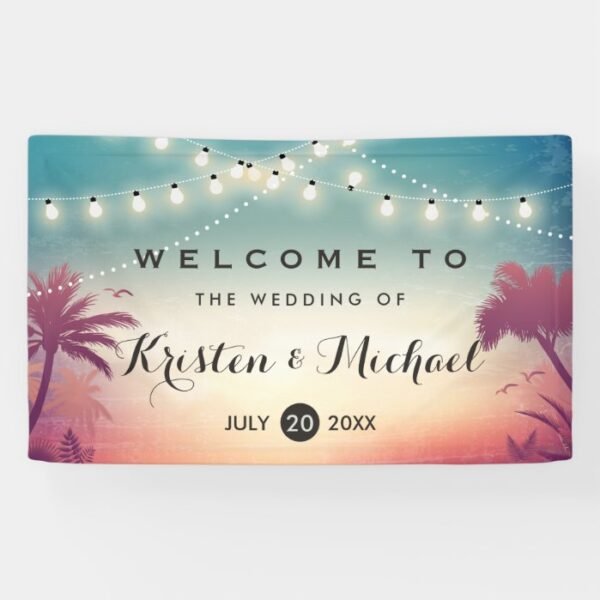 String Lights Summer Palm Trees Wedding Party Banner