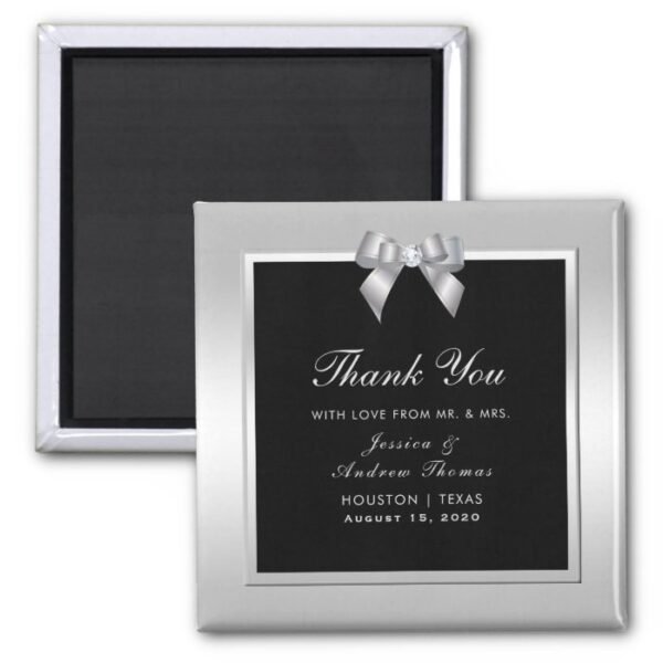 Stylish Silver Gem Bow & Black Wedding Magnet