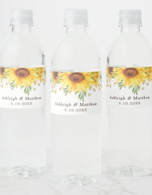 Stylish Watercolor Sunflowers Boho Garden Wedding Water Bottle Label