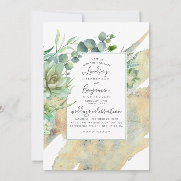 Succulents and Gold Elegant Watercolor Wedding Invitation