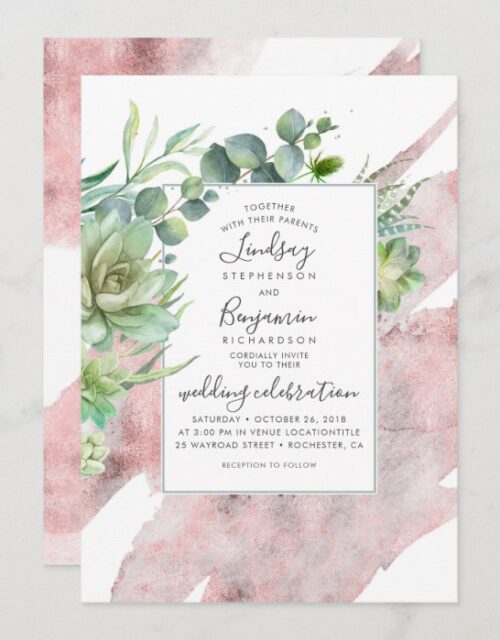 Succulents and Rose Gold Watercolor Wedding Invitation