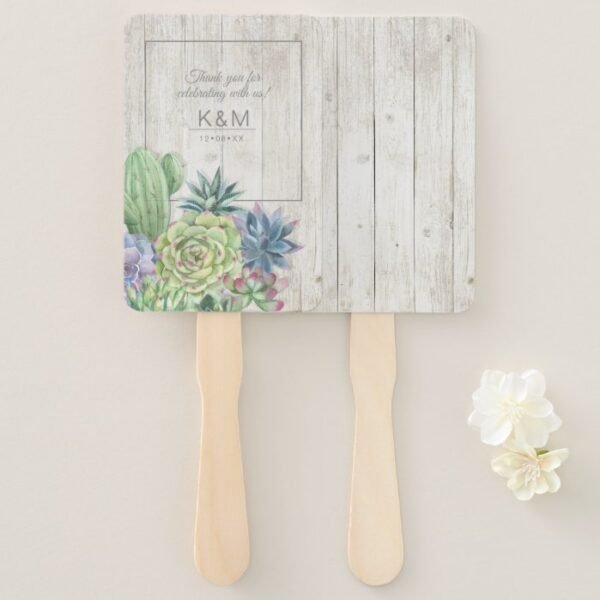 Succulents and Rustic Wood Wedding ID515 Hand Fan