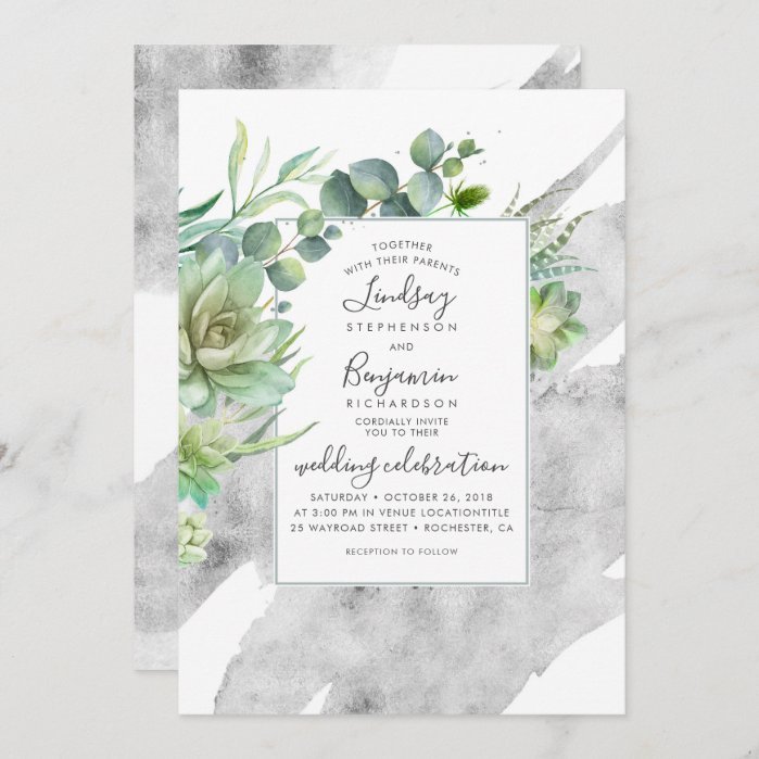 Succulents and Silver Elegant Watercolor Wedding Invitation