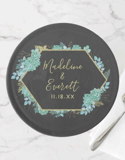 Succulents Gold Frame Any Color Wedding Monogram Cake Stand