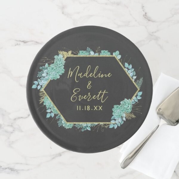 Succulents Gold Frame Any Color Wedding Monogram Cake Stand