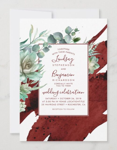 Succulents Greenery Burgundy Red Modern Wedding Invitation